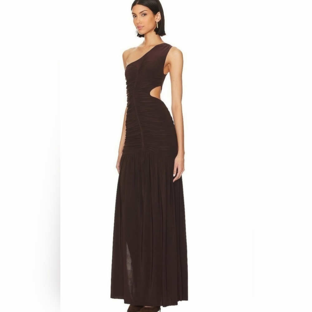 Misa Los Angeles Samsara Expresso Ruched One Shoulder Gown W/Side Slit GORGEOUS!